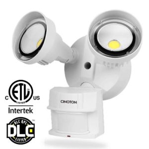 CINOTON LED Security Lights 20W,Infrared Motion Sensor Outdoor Flood Lights, 2 Head, Crystal White Glow 5000K Adjustable Dual Head