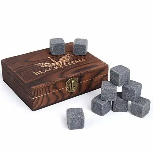 Whiskey Stones – Gift Set – Set of 9 All Natural Whiskey Chilling Stones w/Wooden Gift Box, Velvet Bag, and Tongs – Premium Whiskey Rocks