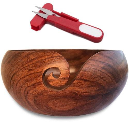 Wooden Yarn Bowl Holder and Yarn Cutter Bundle 6”x3” with Gift Pouch
